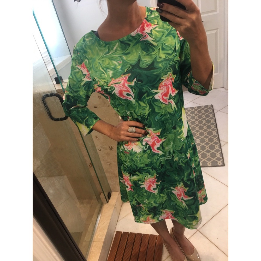 Strawberry Blonde Green Pink Floral Marble Stretch Midi Dress Medium Large